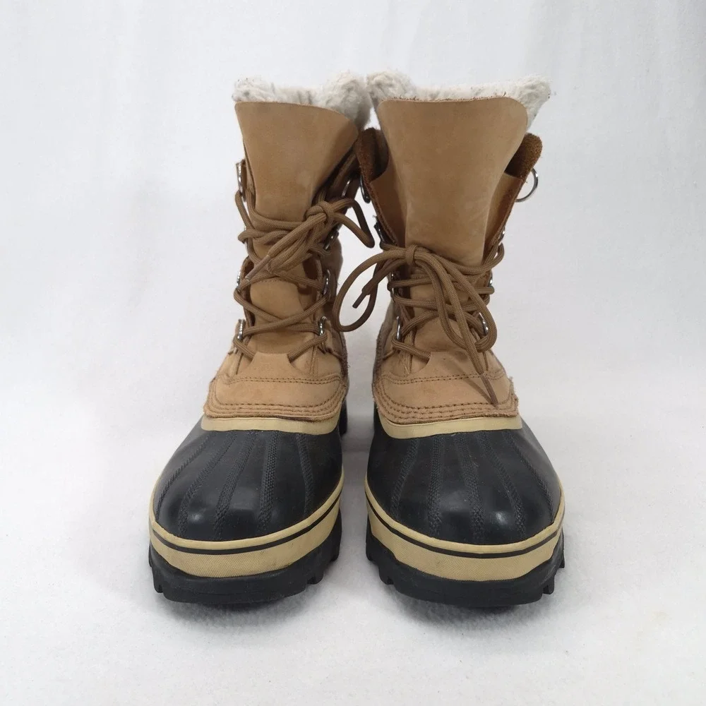 Sorel Caribou Tan Black Leather Waterproof Winter Snow Boots Lace Up Size 8